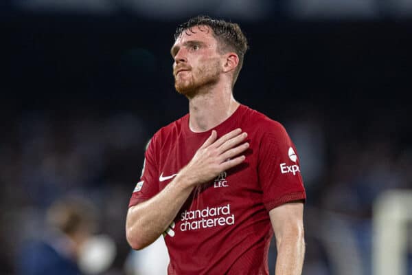 NAPLES, ITALY - Wednesday, September 7, 2022: Liverpool's Andy Robertson after the UEFA Champions League Group A matchday 1 game between SSC Napoli and Liverpool FC at the Stadio Diego Armando Maradona. (Pic by David Rawcliffe/Propaganda)