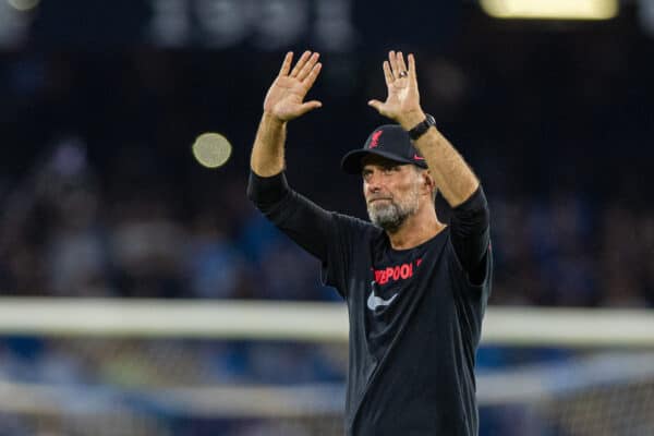 NAPLES, ITALY - Wednesday, September 7, 2022: Liverpool's manager Jürgen Klopp after the UEFA Champions League Group A matchday 1 game between SSC Napoli and Liverpool FC at the Stadio Diego Armando Maradona. (Pic by David Rawcliffe/Propaganda)