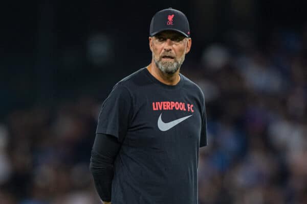 NAPLES, ITALY - Wednesday, September 7, 2022: Liverpool's manager Jürgen Klopp during the pre-match warm-up before the UEFA Champions League Group A matchday 1 game between SSC Napoli and Liverpool FC at the Stadio Diego Armando Maradona. (Pic by David Rawcliffe/Propaganda)