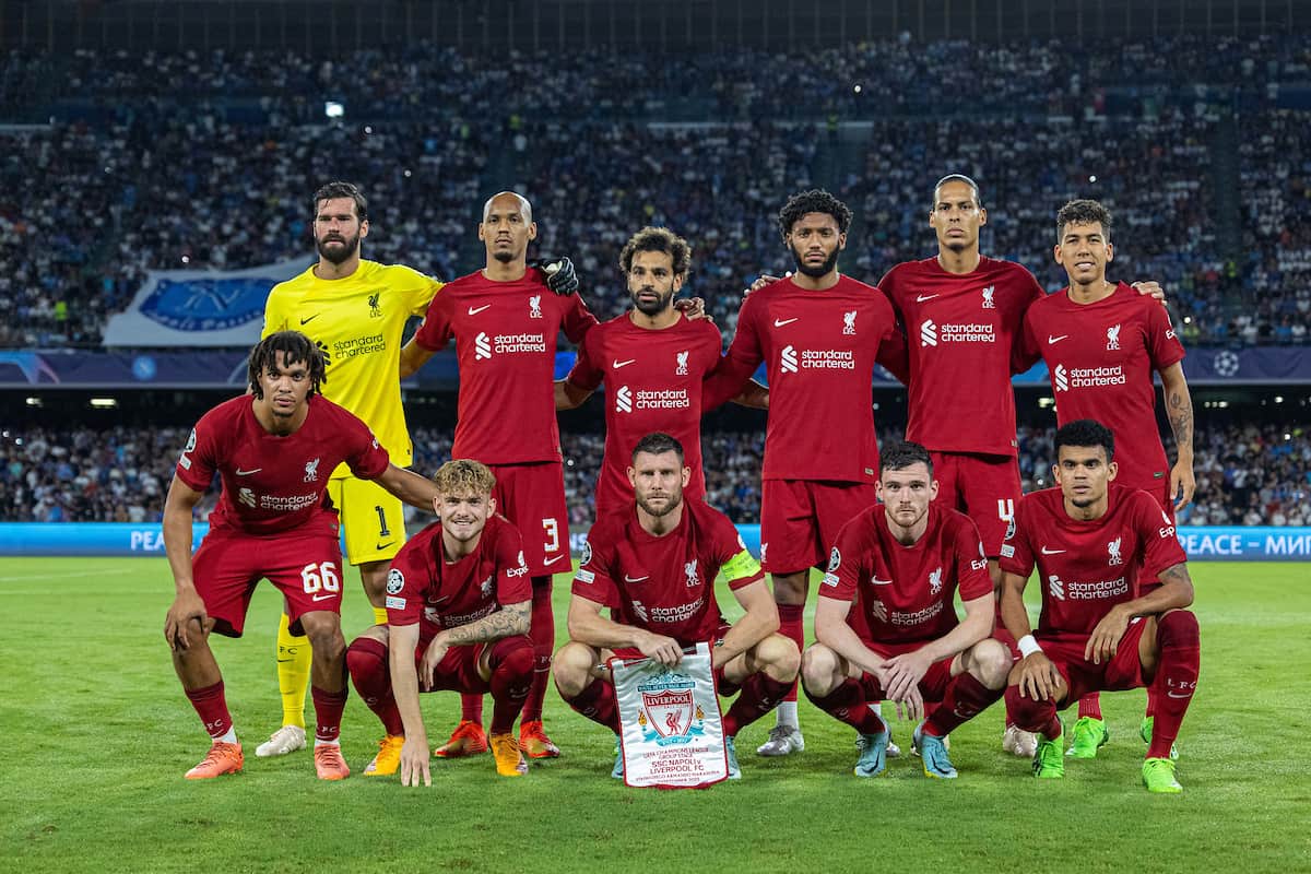 NAPLES, ITALY - Wednesday, September 7, 2022: Liverpool players line-up for a team group photograph before the UEFA Champions League Group A matchday 1 game between SSC Napoli and Liverpool FC at the Stadio Diego Armando Maradona. (Pic by David Rawcliffe/Propaganda)