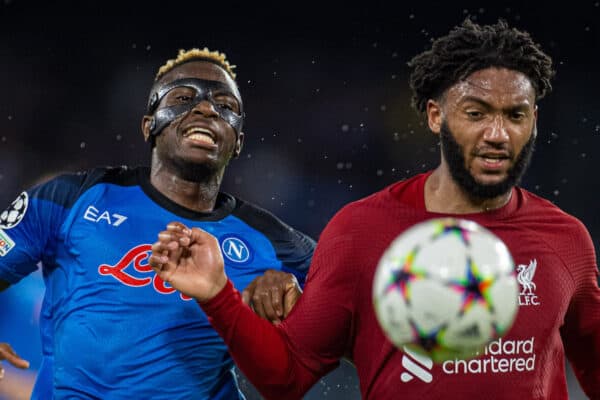 NAPLES, ITALY - Wednesday, September 7, 2022: SSC Napoli's Victor Osimhen (L) and Liverpool's Joe Gomez during the UEFA Champions League Group A matchday 1 game between SSC Napoli and Liverpool FC at the Stadio Diego Armando Maradona. (Pic by David Rawcliffe/Propaganda)