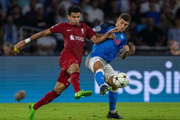 NAPLES, ITALY - Wednesday, September 7, 2022: Liverpool's Luis Díaz (L) during the UEFA Champions League Group A matchday 1 game between SSC Napoli and Liverpool FC at the Stadio Diego Armando Maradona. (Pic by David Rawcliffe/Propaganda)