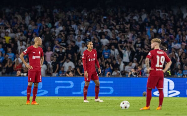 NAPLES, ITALY - Wednesday, September 7, 2022: Liverpool's Virgil van Dijk looks dejected as his side conceded the fourth goal during the UEFA Champions League Group A matchday 1 game between SSC Napoli and Liverpool FC at the Stadio Diego Armando Maradona. (Pic by David Rawcliffe/Propaganda)