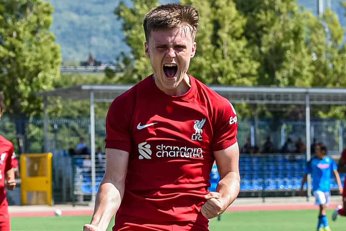 NAPLES, ITALY - Wednesday, September 7, 2022: Liverpool's Ben Doak celebrates after scoring the first goal during the UEFA Youth League Group A Matchday 1 game between SSC Napoli Under-19's and Liverpool FC Under-19's at Giuseppe Piccolo. (Pic by David Rawcliffe/Propaganda)
