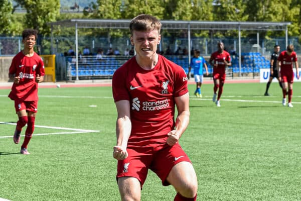 NAPLES, ITALY - Wednesday, September 7, 2022: Liverpool's Ben Doak celebrates after scoring the first goal during the UEFA Youth League Group A Matchday 1 game between SSC Napoli Under-19's and Liverpool FC Under-19's at Giuseppe Piccolo. (Pic by David Rawcliffe/Propaganda)