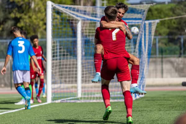 NAPLES, ITALY - Wednesday, September 7, 2022: Liverpool's Oakley Cannonier (R) celebrates with team-mate Ben Doak after scoring the second goal during the UEFA Youth League Group A Matchday 1 game between SSC Napoli Under-19's and Liverpool FC Under-19's at Giuseppe Piccolo. (Pic by David Rawcliffe/Propaganda)