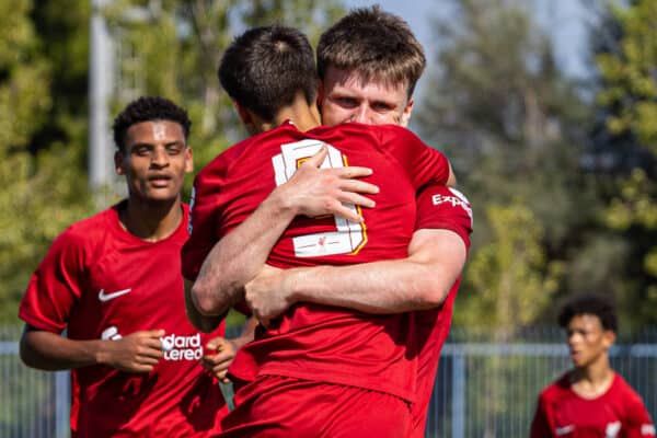 NAPLES, ITALY - Wednesday, September 7, 2022: Liverpool's Oakley Cannonier (L #9) celebrates with team-mate Ben Doak after scoring the second goal during the UEFA Youth League Group A Matchday 1 game between SSC Napoli Under-19's and Liverpool FC Under-19's at Giuseppe Piccolo. (Pic by David Rawcliffe/Propaganda)