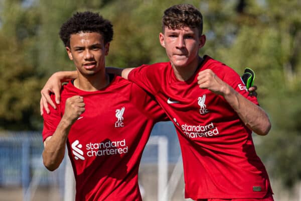 NAPLES, ITALY - Wednesday, September 7, 2022: Liverpool's Ranel Young (L) and Lewis Koumas celebrate after the UEFA Youth League Group A Matchday 1 game between SSC Napoli Under-19's and Liverpool FC Under-19's at Giuseppe Piccolo. Liverpool won 2-1. (Pic by David Rawcliffe/Propaganda)