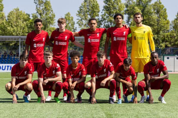 NAPLES, ITALY - Wednesday, September 7, 2022: Liverpool's players line-up for a team group photograph before the UEFA Youth League Group A Matchday 1 game between SSC Napoli Under-19's and Liverpool FC Under-19's at Giuseppe Piccolo. (Pic by David Rawcliffe/Propaganda)