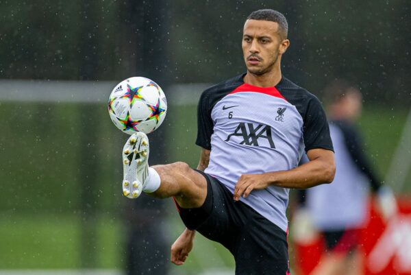 LIVERPOOL, ENGLAND - Monday, September 12, 2022: Liverpool's Thiago Alcântara during a training session at the AXA Training Centre ahead of the UEFA Champions League Group A matchday 2 game between Liverpool FC and AFC Ajax. (Pic by David Rawcliffe/Propaganda)