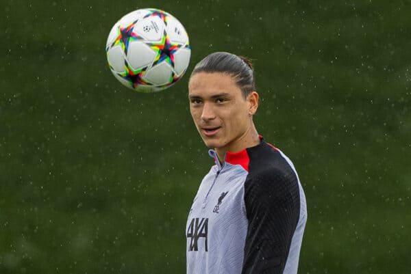 LIVERPOOL, ENGLAND - Monday, September 12, 2022: Liverpool's Darwin Núñez during a training session at the AXA Training Centre ahead of the UEFA Champions League Group A matchday 2 game between Liverpool FC and AFC Ajax. (Pic by David Rawcliffe/Propaganda)