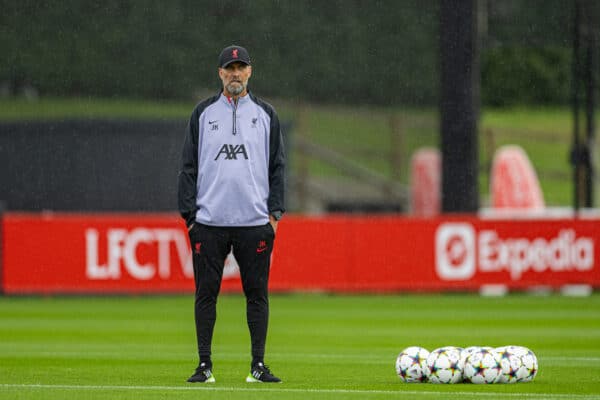 LIVERPOOL, ENGLAND - Monday, September 12, 2022: Liverpool's manager Jürgen Klopp during a training session at the AXA Training Centre ahead of the UEFA Champions League Group A matchday 2 game between Liverpool FC and AFC Ajax. (Pic by David Rawcliffe/Propaganda)