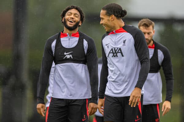 LIVERPOOL, ENGLAND - Monday, September 12, 2022: Liverpool's Joe Gomez (L) and Virgil van Dijk (R) during a training session at the AXA Training Centre ahead of the UEFA Champions League Group A matchday 2 game between Liverpool FC and AFC Ajax. (Pic by David Rawcliffe/Propaganda)