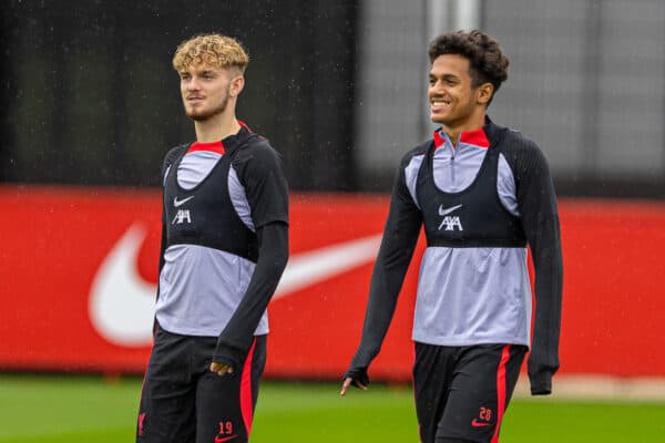 LIVERPOOL, ENGLAND - Monday, September 12, 2022: Liverpool's Harvey Elliott (L) and Fábio Carvalho during a training session at the AXA Training Centre ahead of the UEFA Champions League Group A matchday 2 game between Liverpool FC and AFC Ajax. (Pic by David Rawcliffe/Propaganda)