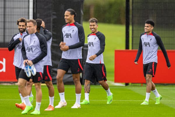 LIVERPOOL, ENGLAND - Monday, September 12, 2022: Liverpool's Mohamed Salah, Virgil van Dijk, Roberto Firmino and Luis Díaz during a training session at the AXA Training Centre ahead of the UEFA Champions League Group A matchday 2 game between Liverpool FC and AFC Ajax. (Pic by David Rawcliffe/Propaganda)