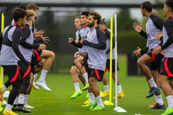 LIVERPOOL, ENGLAND - Monday, September 12, 2022: Liverpool's Mohamed Salah during a training session at the AXA Training Centre ahead of the UEFA Champions League Group A matchday 2 game between Liverpool FC and AFC Ajax. (Pic by David Rawcliffe/Propaganda)