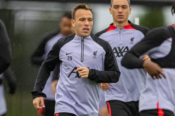 LIVERPOOL, ENGLAND - Monday, September 12, 2022: Liverpool's Arthur Melo during a training session at the AXA Training Centre ahead of the UEFA Champions League Group A matchday 2 game between Liverpool FC and AFC Ajax. (Pic by David Rawcliffe/Propaganda)