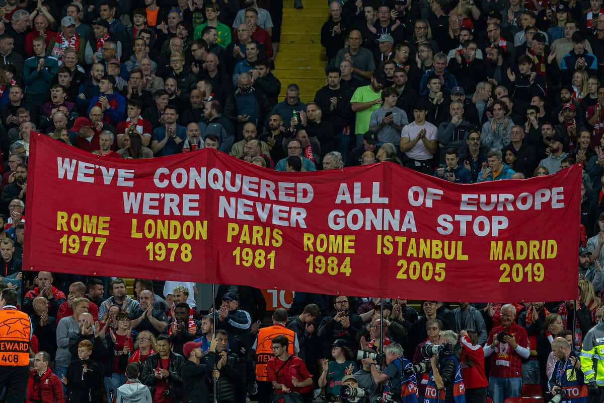 LIVERPOOL, ENGLAND - Tuesday, September 13, 2022: Liverpool supporters during the UEFA Champions League Group A matchday 2 game between Liverpool FC and AFC Ajax at Anfield. (Pic by David Rawcliffe/Propaganda)