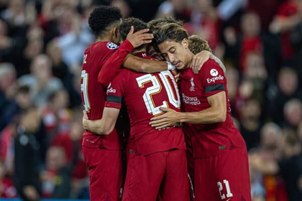 LIVERPOOL, ENGLAND - Tuesday, September 13, 2022: Liverpool's Mohamed Salah (hidden) celebrates with team-mates after scoring the first goal during the UEFA Champions League Group A matchday 2 game between Liverpool FC and AFC Ajax at Anfield. (Pic by David Rawcliffe/Propaganda)