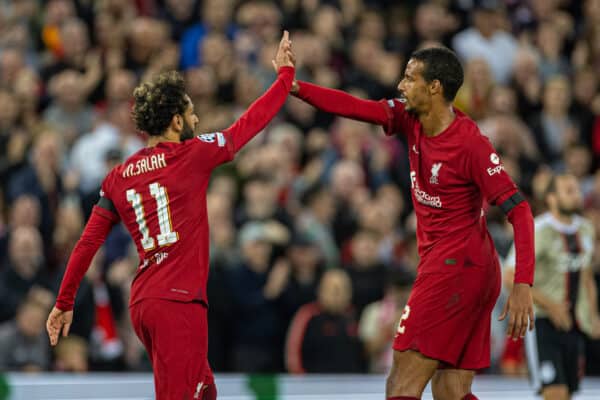 LIVERPOOL, ENGLAND - Tuesday, September 13, 2022: Liverpool's Mohamed Salah (L) celebrates with team-mate Joël Matip after scoring the first goal during the UEFA Champions League Group A matchday 2 game between Liverpool FC and AFC Ajax at Anfield. (Pic by David Rawcliffe/Propaganda)