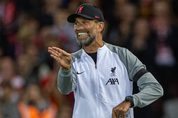 LIVERPOOL, ENGLAND - Tuesday, September 13, 2022: Liverpool's manager Jürgen Klopp during the UEFA Champions League Group A matchday 2 game between Liverpool FC and AFC Ajax at Anfield. (Pic by David Rawcliffe/Propaganda)