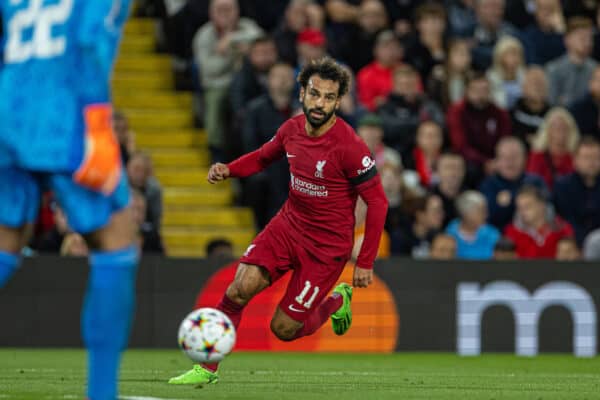 LIVERPOOL, ENGLAND - Tuesday, September 13, 2022: Liverpool's Mohamed Salah during the UEFA Champions League Group A matchday 2 game between Liverpool FC and AFC Ajax at Anfield. (Pic by David Rawcliffe/Propaganda)