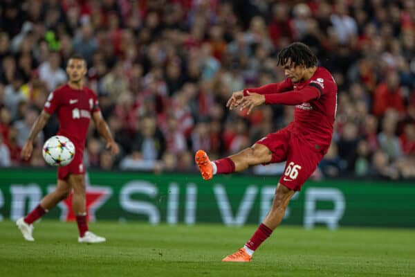 LIVERPOOL, ENGLAND - Tuesday, September 13, 2022: Liverpool's Trent Alexander-Arnold shoots during the UEFA Champions League Group A matchday 2 game between Liverpool FC and AFC Ajax at Anfield. (Pic by David Rawcliffe/Propaganda)