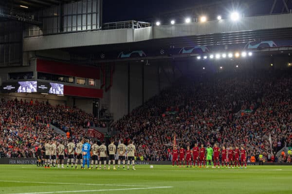 LIVERPOOL, ENGLAND - Tuesday, September 13, 2022: Liverpool players and supporters stand for a moment's silence to remember Elizabeth Windsor, Queen Elizabeth II, who died on Thursday aged 96, before the UEFA Champions League Group A matchday 2 game between Liverpool FC and AFC Ajax at Anfield. (Pic by David Rawcliffe/Propaganda)