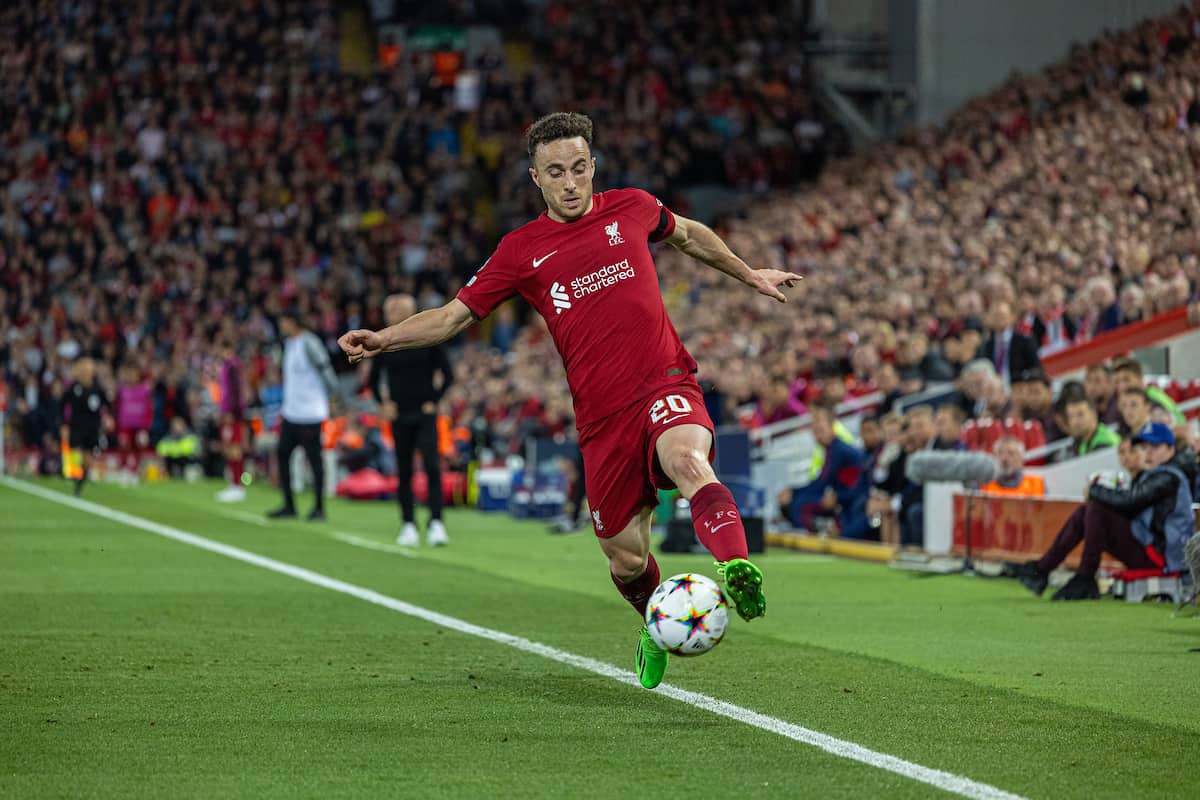 LIVERPOOL, ENGLAND - Tuesday, September 13, 2022: Liverpool's Diogo Jota during the UEFA Champions League Group A matchday 2 game between Liverpool FC and AFC Ajax at Anfield. (Pic by David Rawcliffe/Propaganda)