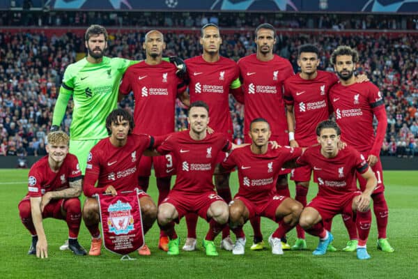 LIVERPOOL, ENGLAND - Tuesday, September 13, 2022: Liverpool players line-up for a team group photograph before the UEFA Champions League Group A matchday 2 game between Liverpool FC and AFC Ajax at Anfield. (Pic by David Rawcliffe/Propaganda)