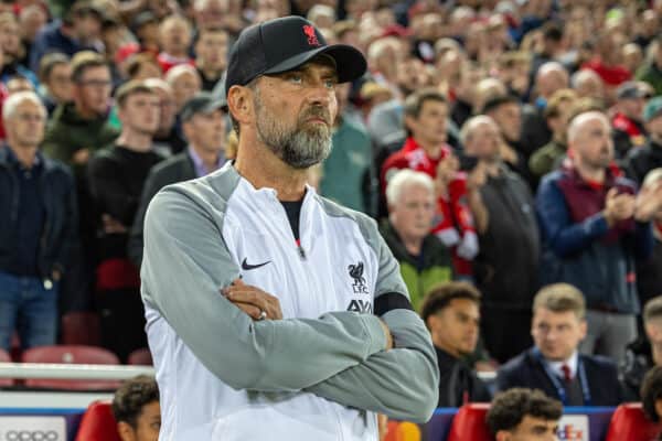 LIVERPOOL, ENGLAND - Tuesday, September 13, 2022: Liverpool's manager Jürgen Klopp before the UEFA Champions League Group A matchday 2 game between Liverpool FC and AFC Ajax at Anfield. (Pic by David Rawcliffe/Propaganda)