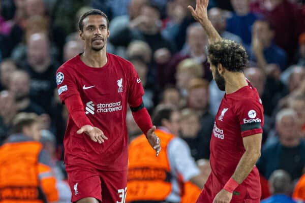 LIVERPOOL, ENGLAND - Tuesday, September 13, 2022: Liverpool's Joël Matip (L) celebrates with team-mate Mohamed Salah after scoring the second goal during the UEFA Champions League Group A matchday 2 game between Liverpool FC and AFC Ajax at Anfield. (Pic by David Rawcliffe/Propaganda)