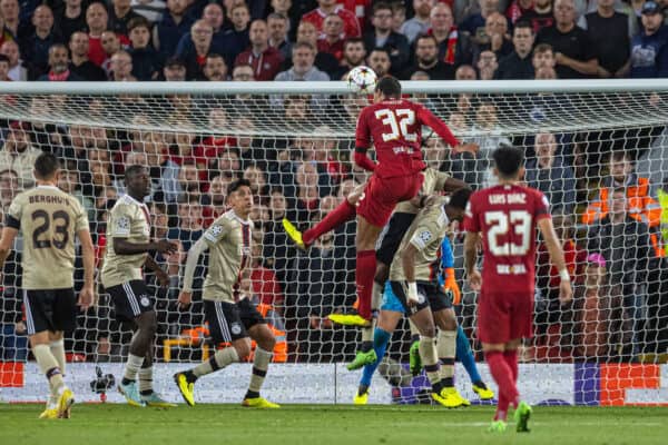 LIVERPOOL, ENGLAND - Tuesday, September 13, 2022: Liverpool's Joël Matip scores the second goal during the UEFA Champions League Group A matchday 2 game between Liverpool FC and AFC Ajax at Anfield. (Pic by David Rawcliffe/Propaganda)