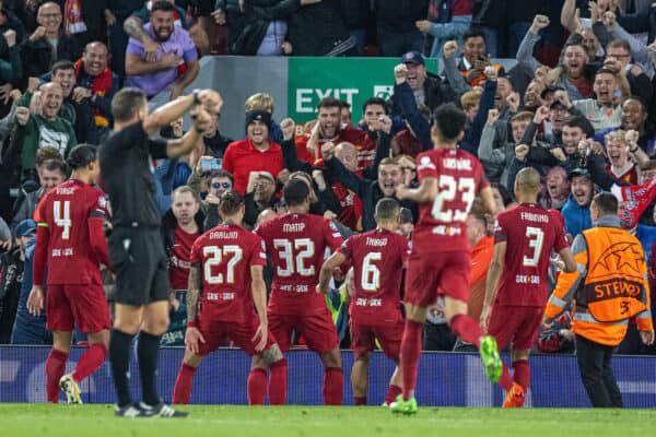 LIVERPOOL, ENGLAND - Tuesday, September 13, 2022: Liverpool's Joël Matip (#32) celebrates after scoring the second goal during the UEFA Champions League Group A matchday 2 game between Liverpool FC and AFC Ajax at Anfield. (Pic by David Rawcliffe/Propaganda)