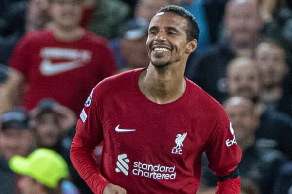 LIVERPOOL, ENGLAND - Tuesday, September 13, 2022: Liverpool's Joël Matip celebrates after scoring the second goal during the UEFA Champions League Group A matchday 2 game between Liverpool FC and AFC Ajax at Anfield. (Pic by David Rawcliffe/Propaganda)