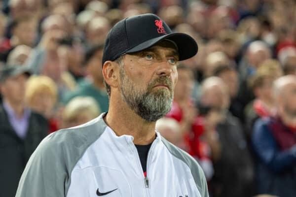 LIVERPOOL, ENGLAND - Tuesday, September 13, 2022: Liverpool's manager Jürgen Klopp before the UEFA Champions League Group A matchday 2 game between Liverpool FC and AFC Ajax at Anfield. (Pic by David Rawcliffe/Propaganda)