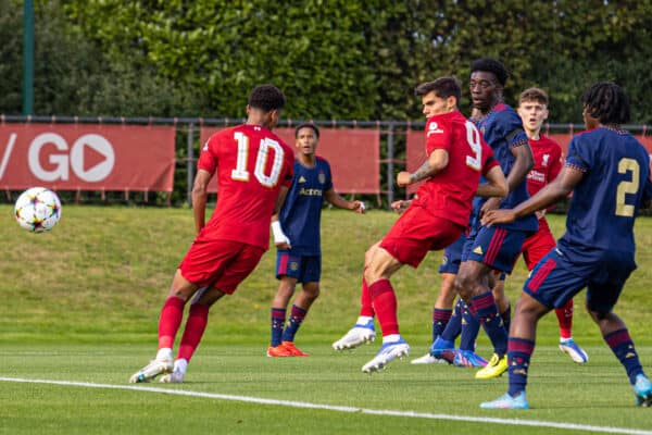 LIVERPOOL, ENGLAND - Tuesday, September 13, 2022: Liverpool's Oakley Cannonier scores the first goal during the UEFA Youth League Group A Matchday 2 game between Liverpool FC Under-19's and AFC Ajax Under-19's at the Liverpool Academy. (Pic by David Rawcliffe/Propaganda)