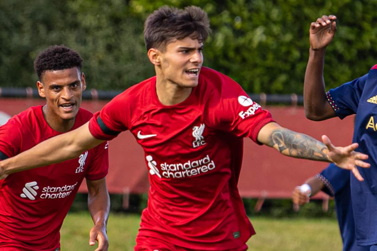 LIVERPOOL, ENGLAND - Tuesday, September 13, 2022: Liverpool's Oakley Cannonier celebrates after scoring the first goal during the UEFA Youth League Group A Matchday 2 game between Liverpool FC Under-19's and AFC Ajax Under-19's at the Liverpool Academy. (Pic by David Rawcliffe/Propaganda)