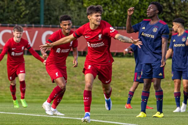 LIVERPOOL, ENGLAND - Tuesday, September 13, 2022: Liverpool's Oakley Cannonier celebrates after scoring the first goal during the UEFA Youth League Group A Matchday 2 game between Liverpool FC Under-19's and AFC Ajax Under-19's at the Liverpool Academy. (Pic by David Rawcliffe/Propaganda)