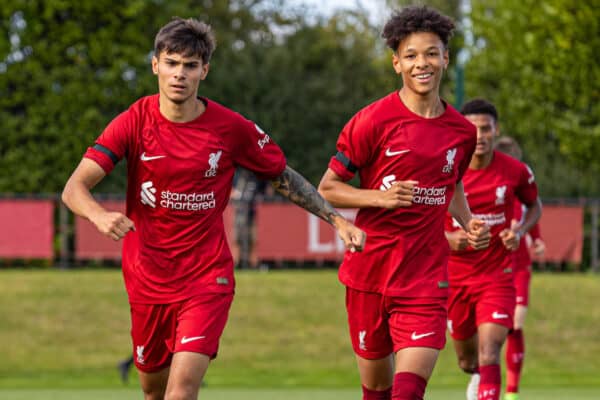 LIVERPOOL, ENGLAND - Tuesday, September 13, 2022: Liverpool's Oakley Cannonier celebrates after scoring the first goal during the UEFA Youth League Group A Matchday 2 game between Liverpool FC Under-19's and AFC Ajax Under-19's at the Liverpool Academy. (Pic by David Rawcliffe/Propaganda)