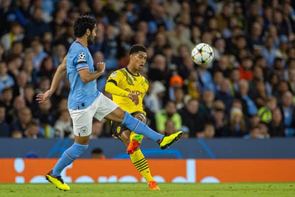 MANCHESTER, ENGLAND - Wednesday, September 14, 2022: Borussia Dortmund's Jude Bellingham during the UEFA Champions League Group G game between Manchester City FC and Borussia Dortmund. (Pic by David Rawcliffe/Propaganda)