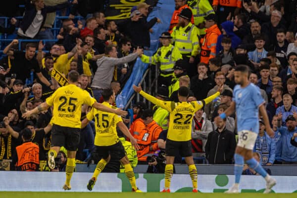 MANCHESTER, ENGLAND - Wednesday, September 14, 2022: Borussia Dortmund's Jude Bellingham celebrates after scoring the first goal during the UEFA Champions League Group G game between Manchester City FC and Borussia Dortmund. (Pic by David Rawcliffe/Propaganda)