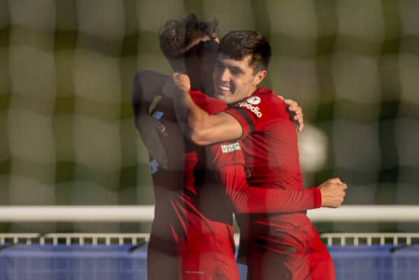 SEAGRAVE, ENGLAND - Saturday, September 17, 2022: Liverpool's Layton Stewart (R) celebrates after scoring the first goal during the Premier League 2 Division 1 match between Leicester City FC Under-23's and Liverpool FC Under-23's at the Leicester City Training Ground. (Pic by David Rawcliffe/Propaganda)