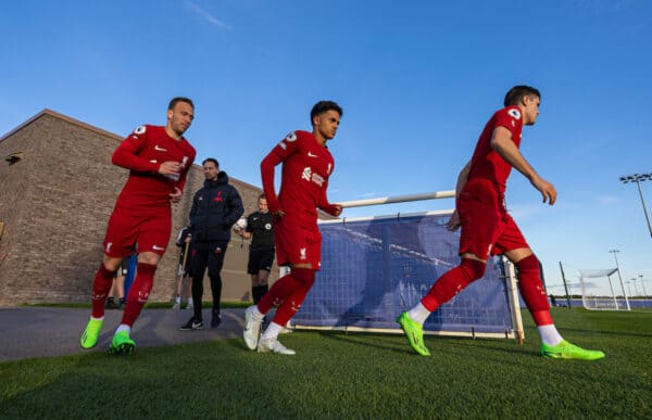 SEAGRAVE, ENGLAND - Saturday, September 17, 2022: Liverpool's Arthur Melo (L) and Fabio Carvalho (C) run out for the second half during the Premier League 2 Division 1 match between Leicester City FC Under-23's and Liverpool FC Under-23's at the Leicester City Training Ground. (Pic by David Rawcliffe/Propaganda)