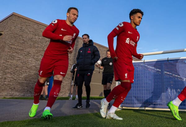 SEAGRAVE, ENGLAND - Saturday, September 17, 2022: Liverpool's Arthur Melo (L) and Fabio Carvalho (C) run out for the second half during the Premier League 2 Division 1 match between Leicester City FC Under-23's and Liverpool FC Under-23's at the Leicester City Training Ground. (Pic by David Rawcliffe/Propaganda)