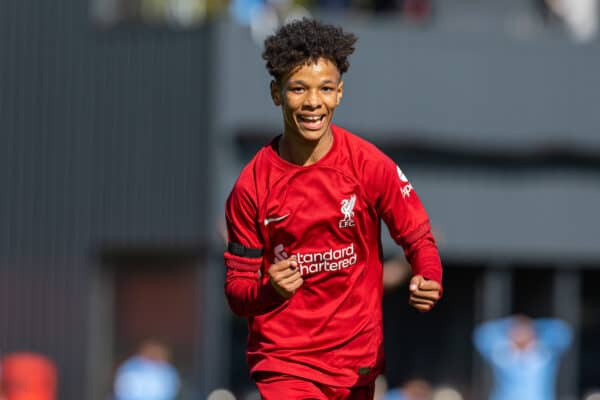 LIVERPOOL, ENGLAND - Saturday, September 17, 2022: Liverpool's Trent Kone-Doherty celebrates after scoring the second goal during the Under-18 Premier League North match between Liverpool FC Under-18's and Manchester City FC Under-18's at the Liverpool Academy. (Pic by David Rawcliffe/Propaganda)