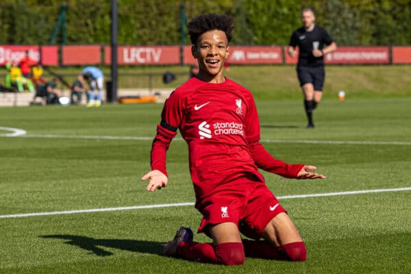 LIVERPOOL, ENGLAND - Saturday, September 17, 2022: Liverpool's Trent Kone-Doherty celebrates after scoring the second goal during the Under-18 Premier League North match between Liverpool FC Under-18's and Manchester City FC Under-18's at the Liverpool Academy. (Pic by David Rawcliffe/Propaganda)