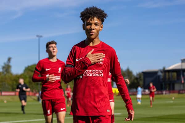 LIVERPOOL, ENGLAND - Saturday, September 17, 2022: Liverpool's Trent Kone-Doherty celebrates after scoring the second goal during the Under-18 Premier League North match between Liverpool FC Under-18's and Manchester City FC Under-18's at the Liverpool Academy. (Pic by David Rawcliffe/Propaganda)