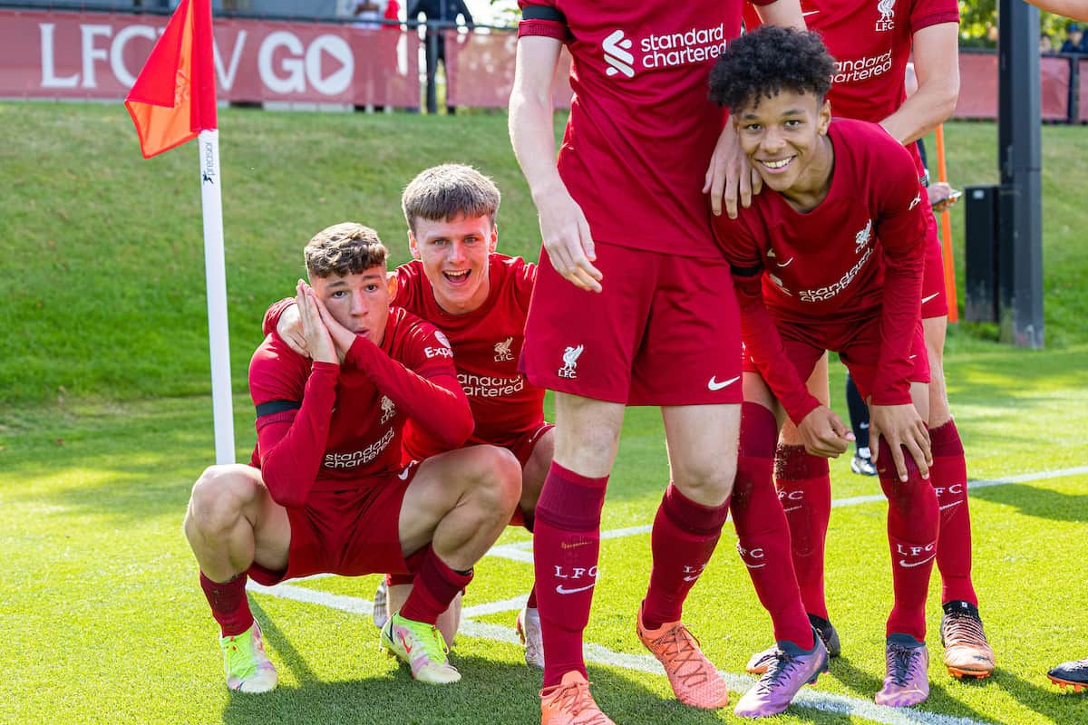 LIVERPOOL, ENGLAND - Saturday, September 17, 2022: Liverpool's Lewis Koumas (L) celebrates with team-mates after scoring the third goal, his second of the game, during the Under-18 Premier League North match between Liverpool FC Under-18's and Manchester City FC Under-18's at the Liverpool Academy. (Pic by David Rawcliffe/Propaganda)