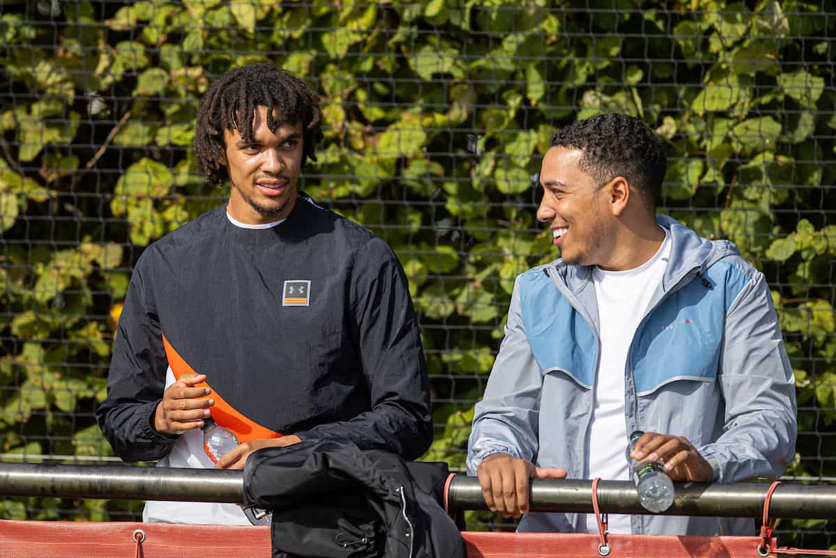 LIVERPOOL, ENGLAND - Saturday, September 17, 2022: Liverpool's Trent Alexander-Arnold (L) and his brother Tyler during the Under-18 Premier League North match between Liverpool FC Under-18's and Manchester City FC Under-18's at the Liverpool Academy. (Pic by David Rawcliffe/Propaganda)